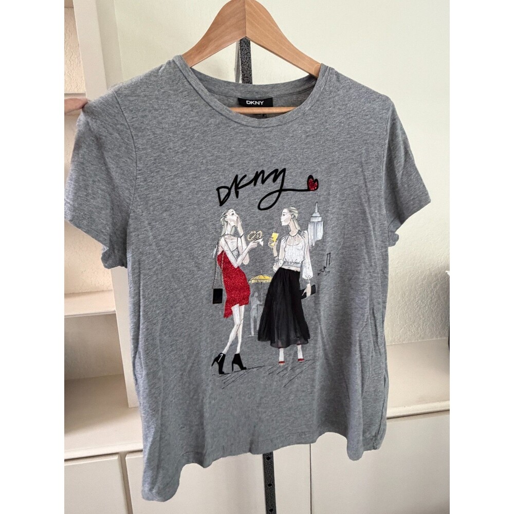 DKNY Glam Bling Knit Tee Shirt Womens L Gray Short Sleeve Sparkly Stretch NYC